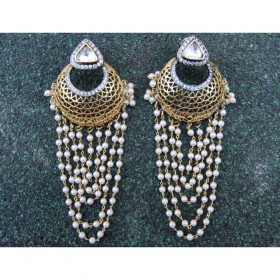 Filigree Chand Bali Earrings with Dangling Pearl Chains